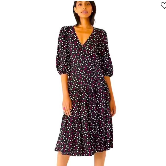 Kate Spade Glimmer Polka Dot Midi Wrap Dress Sz XS / 2 - Black Pink Flowy Preppy - Picture 2 of 13